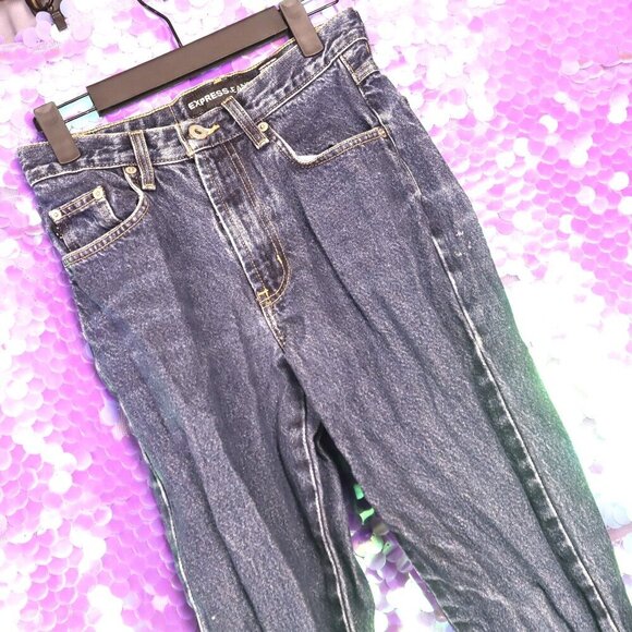 FLARE JEANS 1 Express Med Wash Retro Denim 90s Y2K Dark Blue Classic Neutral - Picture 1 of 8